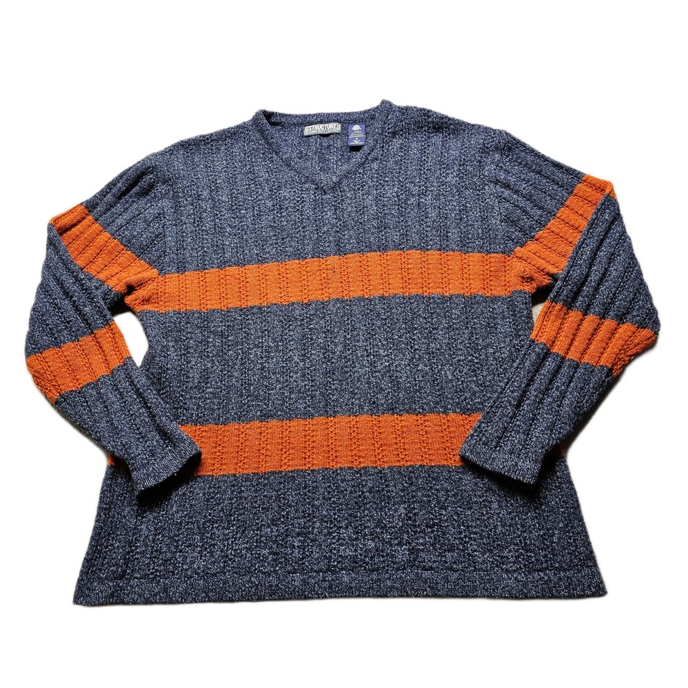 Vintage Structure Sweater Mens M Blue Orange Striped Lambswool V-Neck Pullover